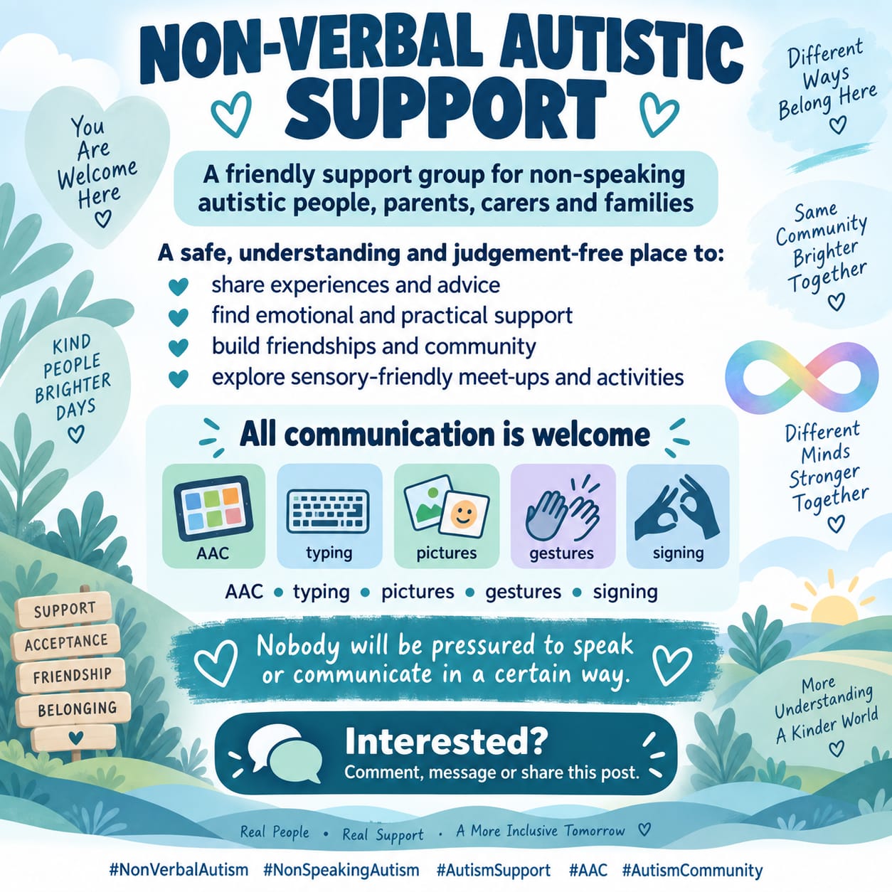 Non-Verbal Autistic Support — a friendly support group for non-speaking autistic people, parents, carers and families. All communication is welcome.